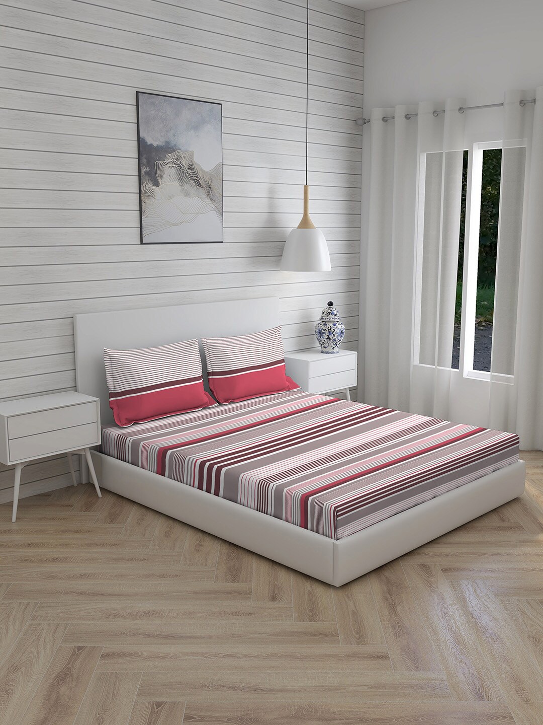 

Boutique Living India Pink & White Striped 120 TC Queen Bedsheet with 2 Pillow Covers