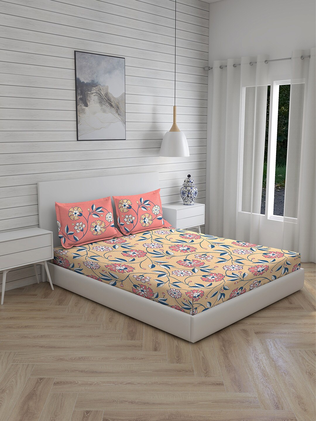 

Boutique Living India Yellow & Blue Floral 120 TC Queen Bedsheet with 2 Pillow Covers