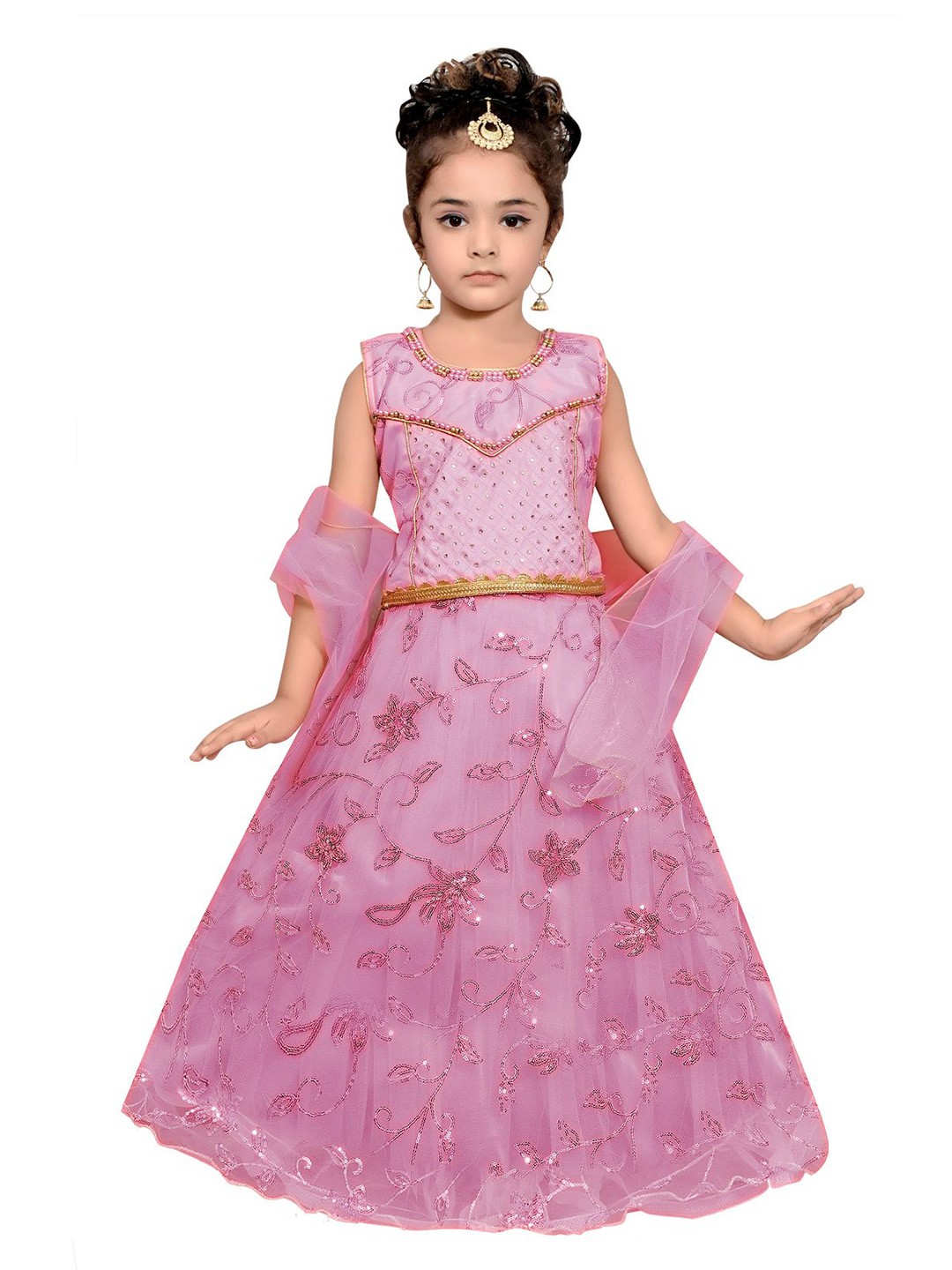 

SKY HEIGHTS Girls Mauve & Gold Embroidered Ready To Wear Lehenga Choli With Dupatta