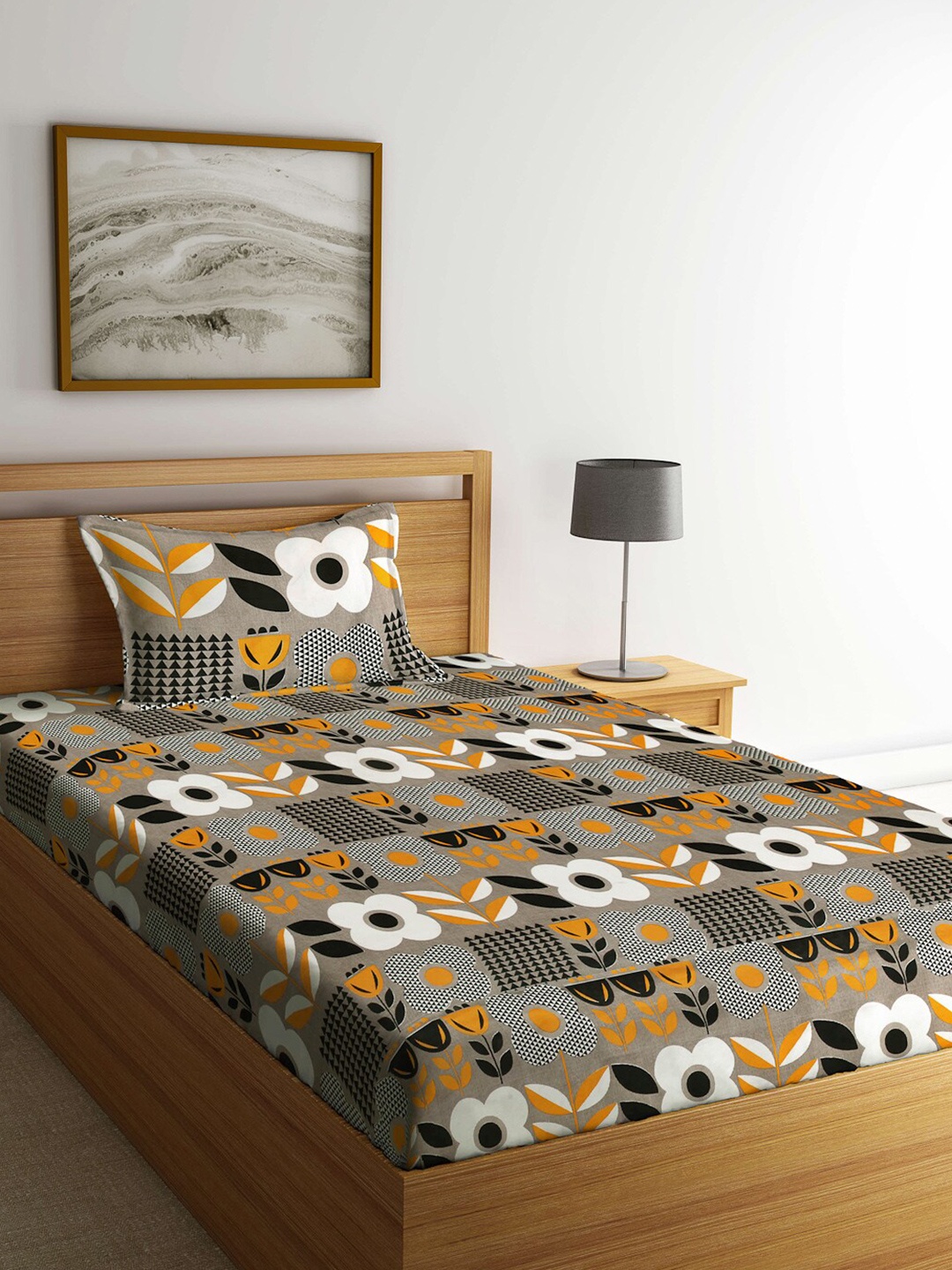 

KLOTTHE Grey & Black Floral Printed 210 TC Single Bedsheet With 1 Pillow Covers