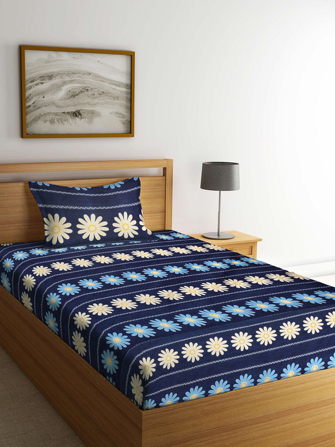 

KLOTTHE Blue Floral Printed 210 TC Cotton Single Bedsheet with 1 Pillow Covers