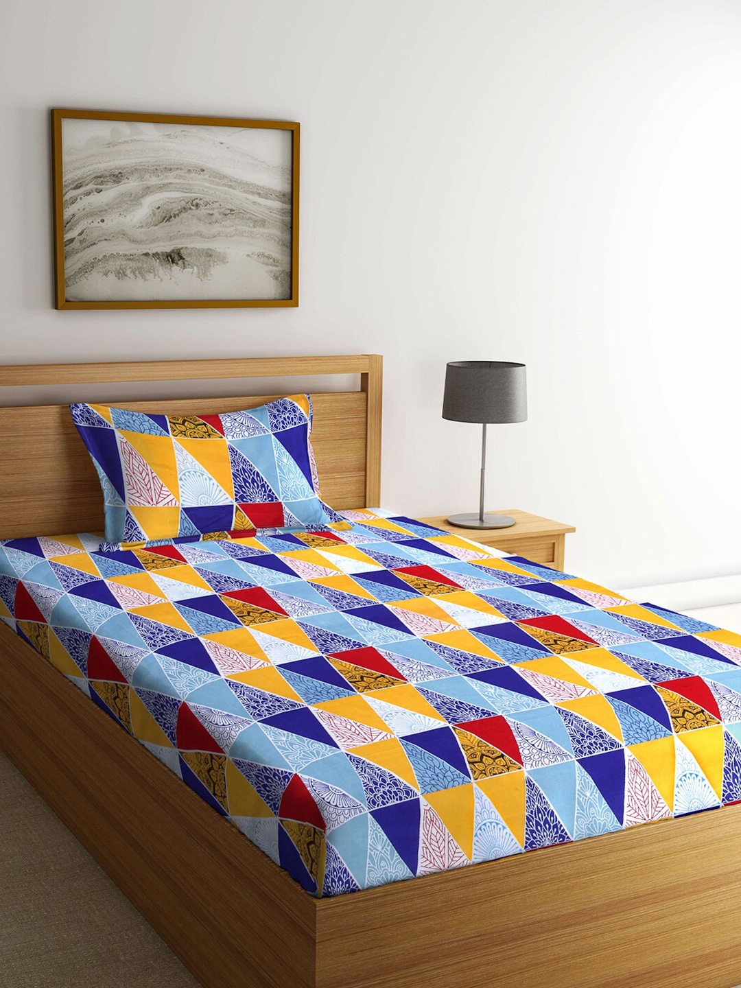 

KLOTTHE Geometric Printed 300 TC Single Bedsheet with 1 Pillow Cover, Blue