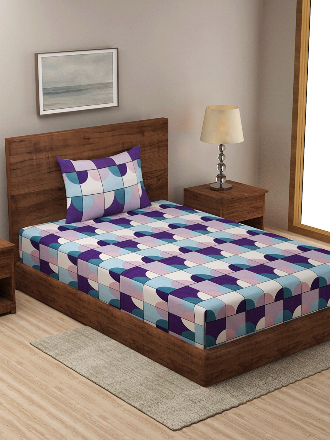 

KLOTTHE Pink & Purple Geometric 210 TC Single Bedsheet with 1 Pillow Covers