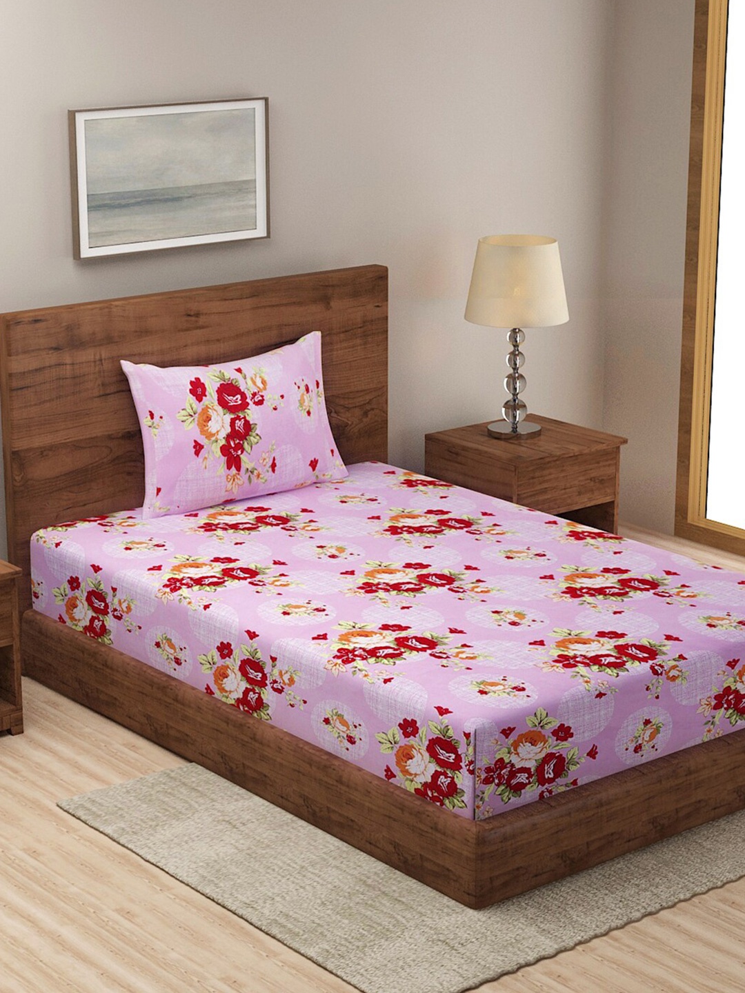 

KLOTTHE Pink Floral Printed 210 TC Single Bedsheet with 2 Pillow Covers