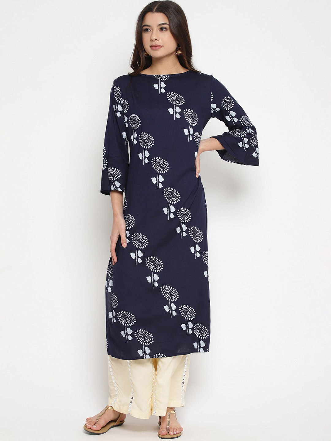 

Prakhya Women Blue Floral Printed Mirror Work Regular Kurti with Trousers