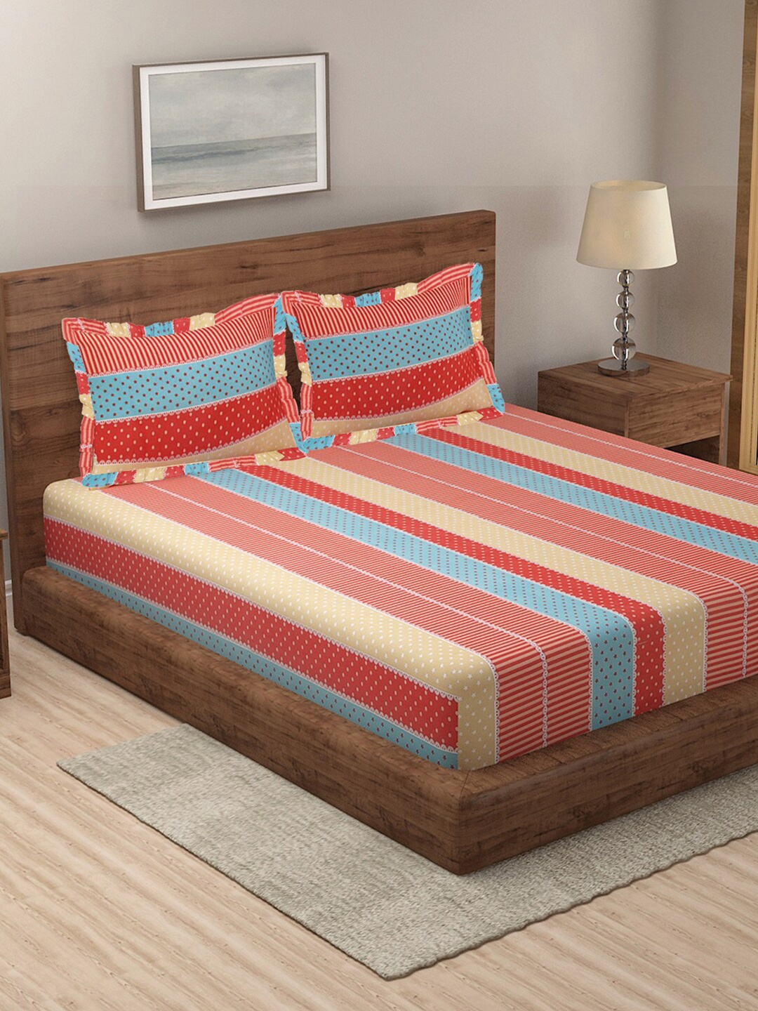 

KLOTTHE Striped 300 TC Pure Cotton King Bedsheet with 2 Pillow Covers, Red