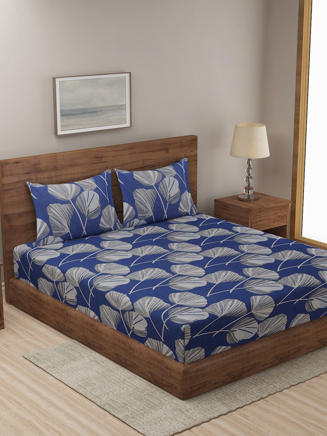 

KLOTTHE Blue & Grey Floral 210 TC King Bedsheet with 2 Pillow Covers