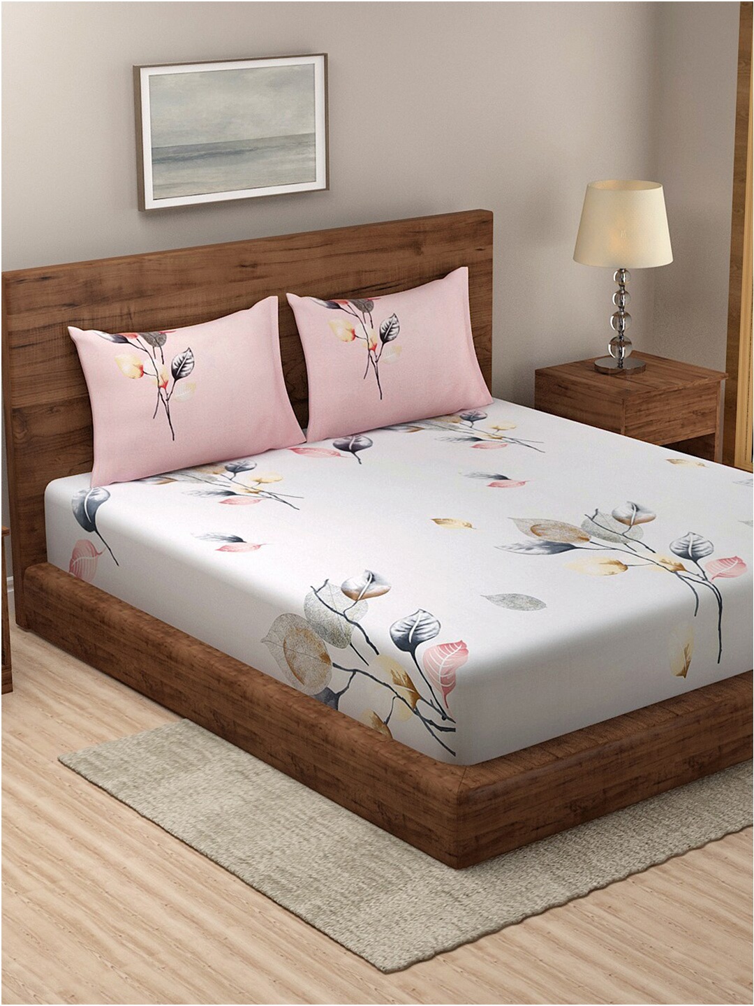 

KLOTTHE Grey & Pink Floral 210 TC Pure Cotton King Bedsheet with 2 Pillow Covers