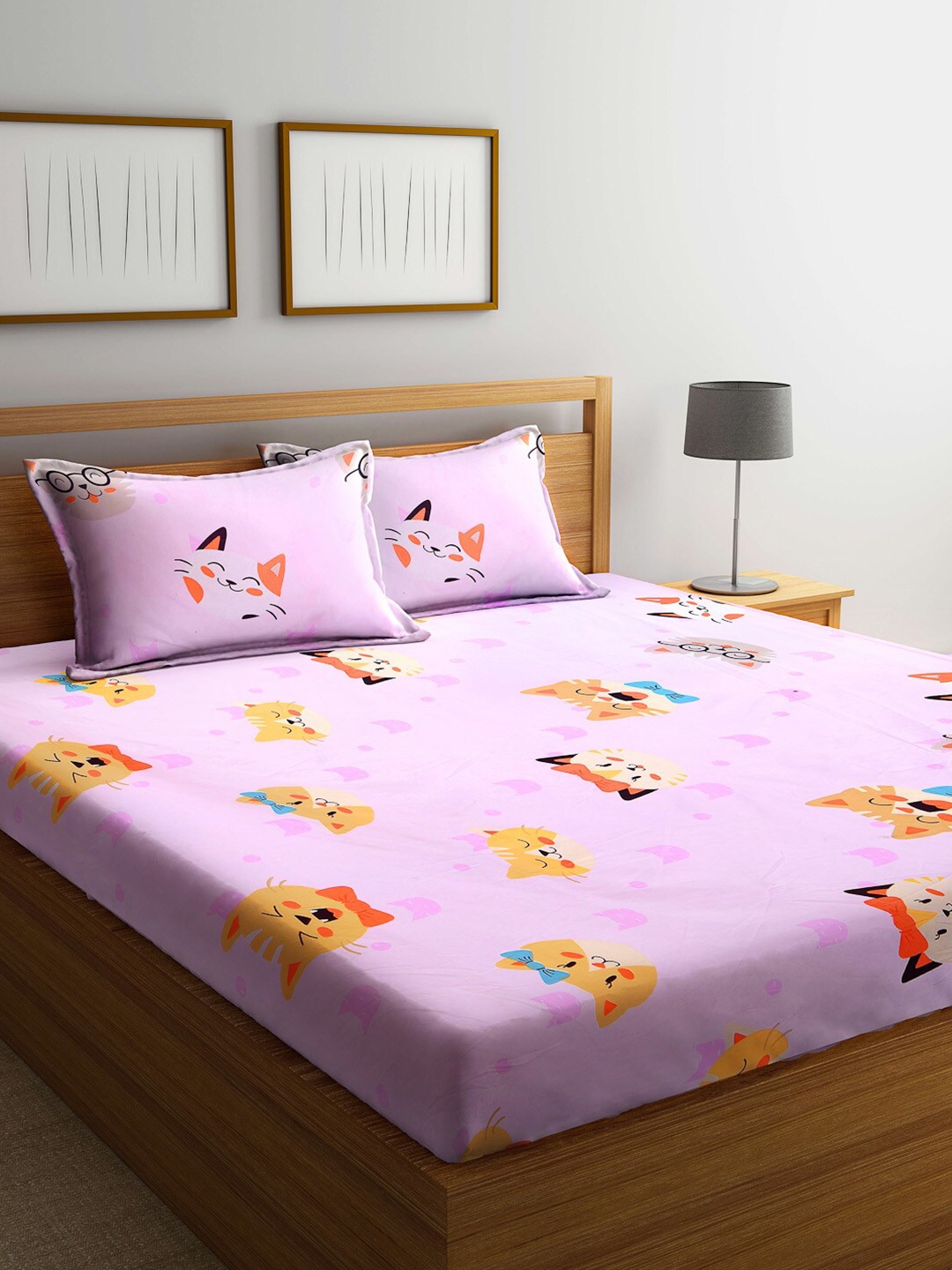 

KLOTTHE Pink & Orange Cartoon Characters 210 TC King Bedsheet with 2 Pillow Covers