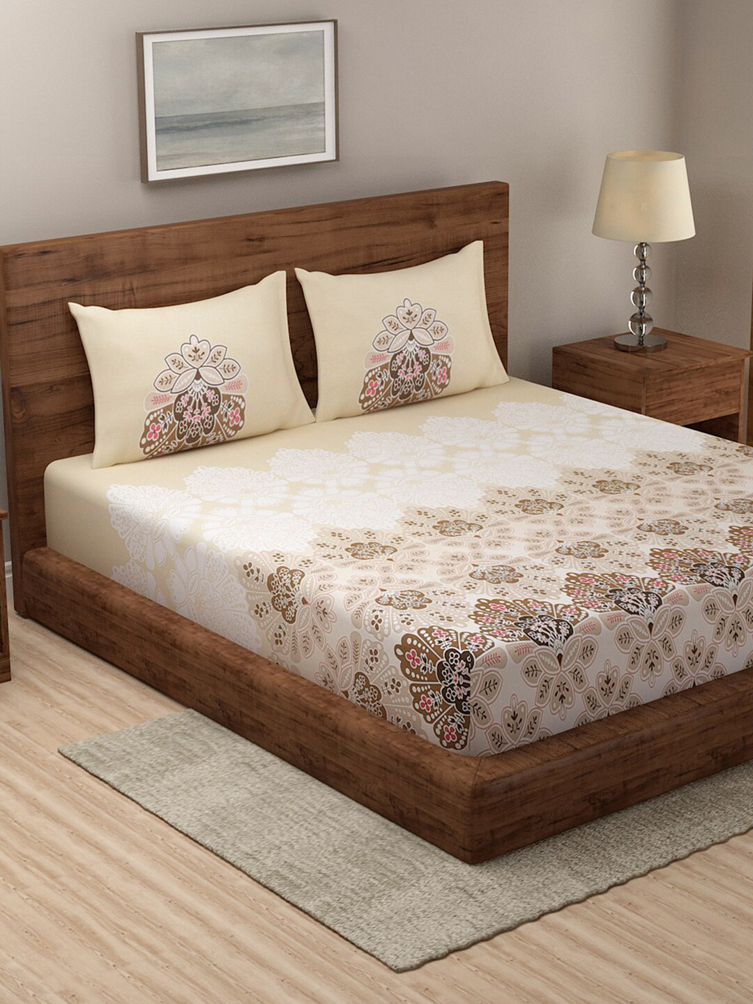 

KLOTTHE Yellow & White Ethnic Motifs 210 TC Pure Cotton King Bedsheet with 2 Pillow Covers