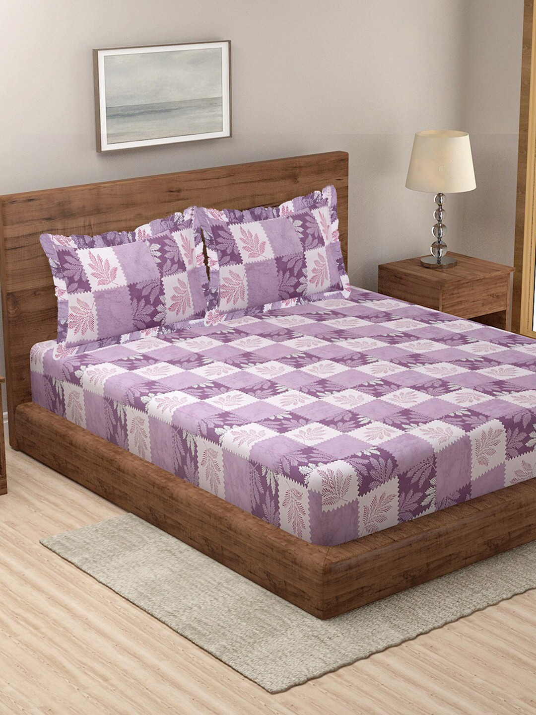 

KLOTTHE Geometric Printed 300 TC Pure Cotton King Bedsheet with 2 Pillow Covers, Purple