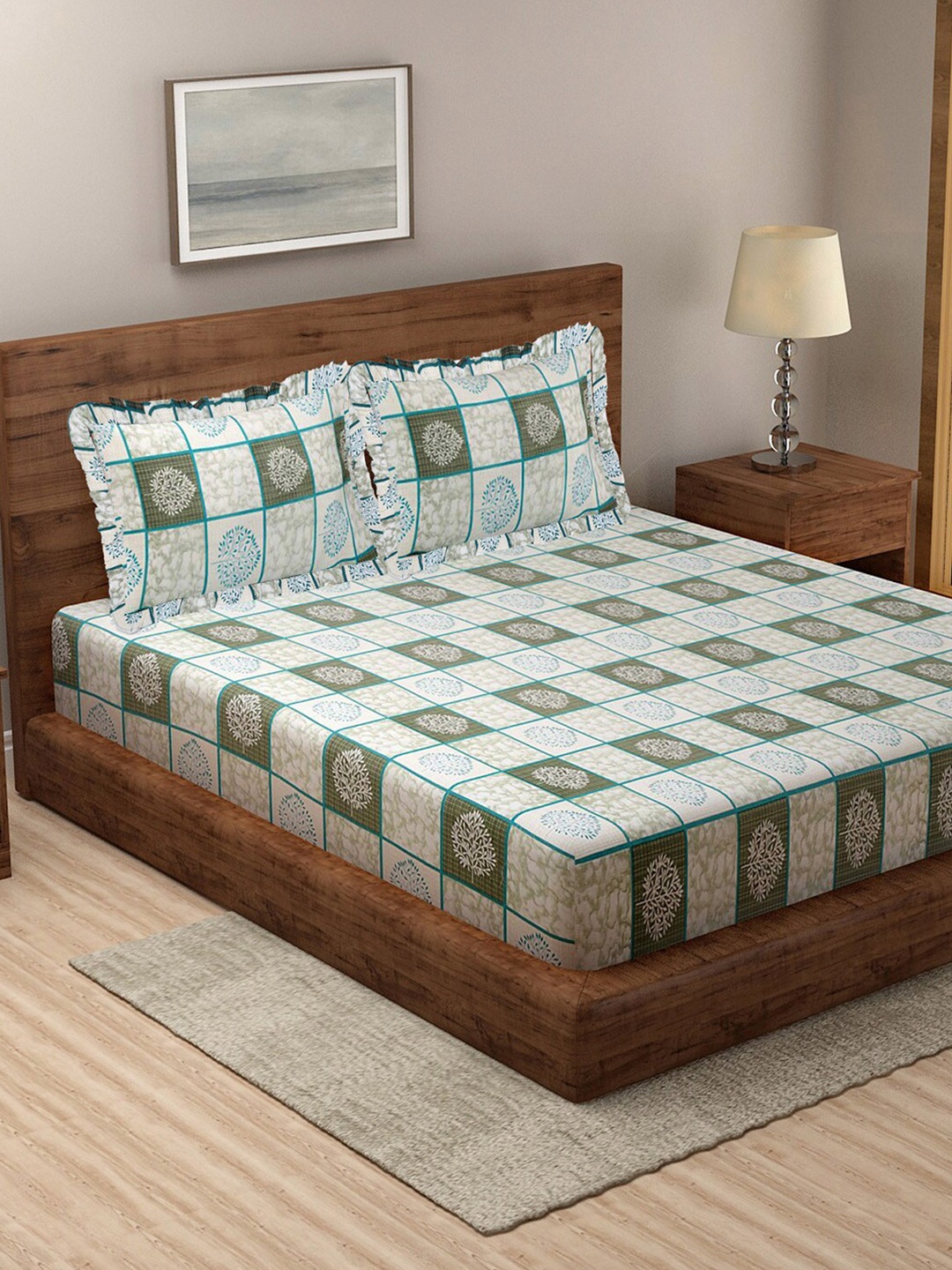

KLOTTHE Floral 300 TC Pure Cotton King Bedsheet with 2 Frill Pillow Covers, Green