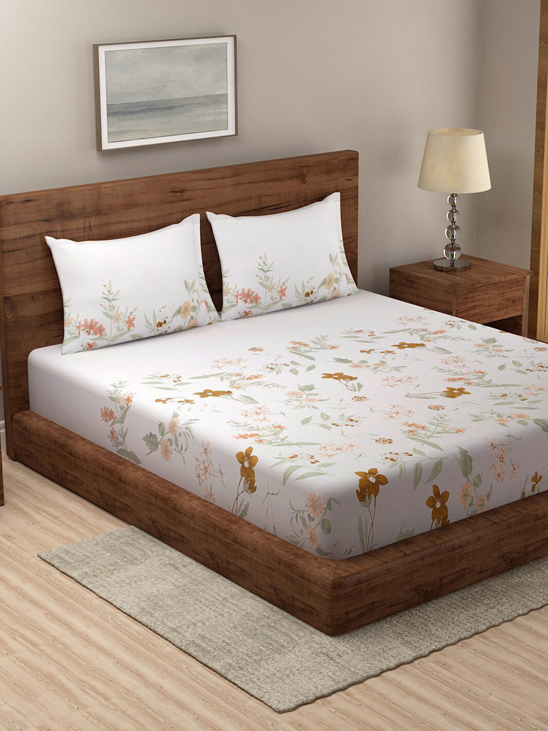 

KLOTTHE Cream-Coloured & Red Floral 210 TC Pure Cotton King Bedsheet with 2 Pillow Covers