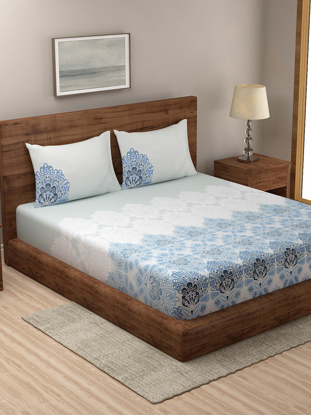 

KLOTTHE Green & Blue Floral 300 TC Pure Cotton King Bedsheet with 2 Pillow Covers