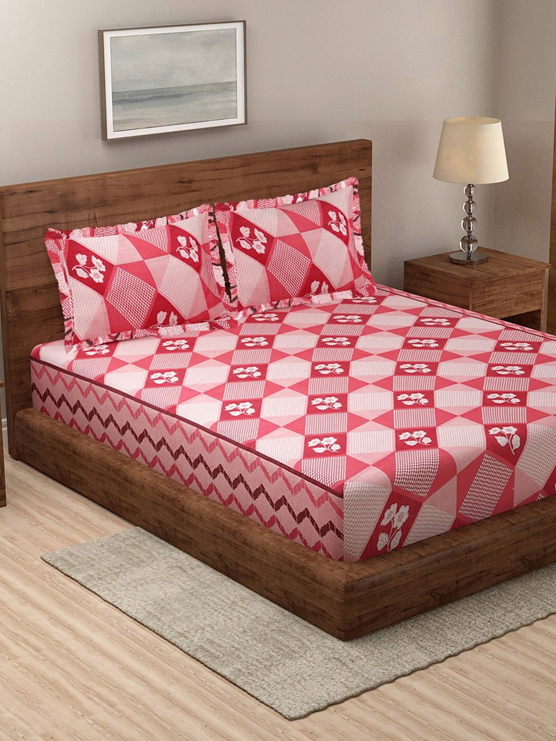 

Klotthe Red Floral Pure Cotton Double Bed Sheet with 2 Frill Pillow Covers