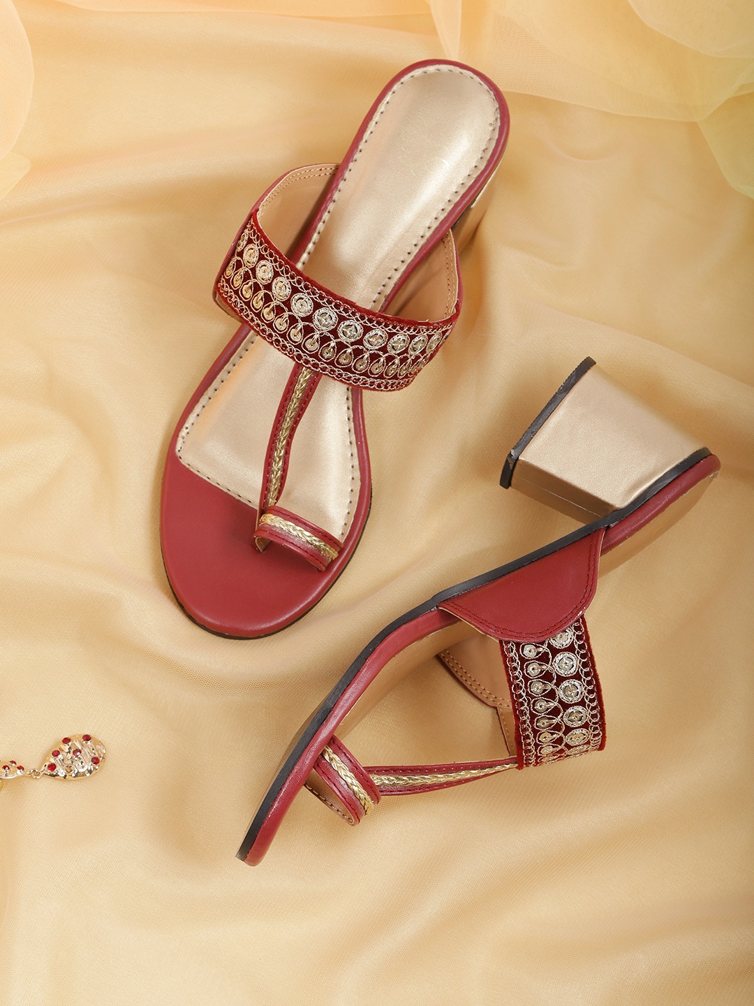 

House of Pataudi Maroon & Gold-Toned Embellished Leather Handrafted Block Heels