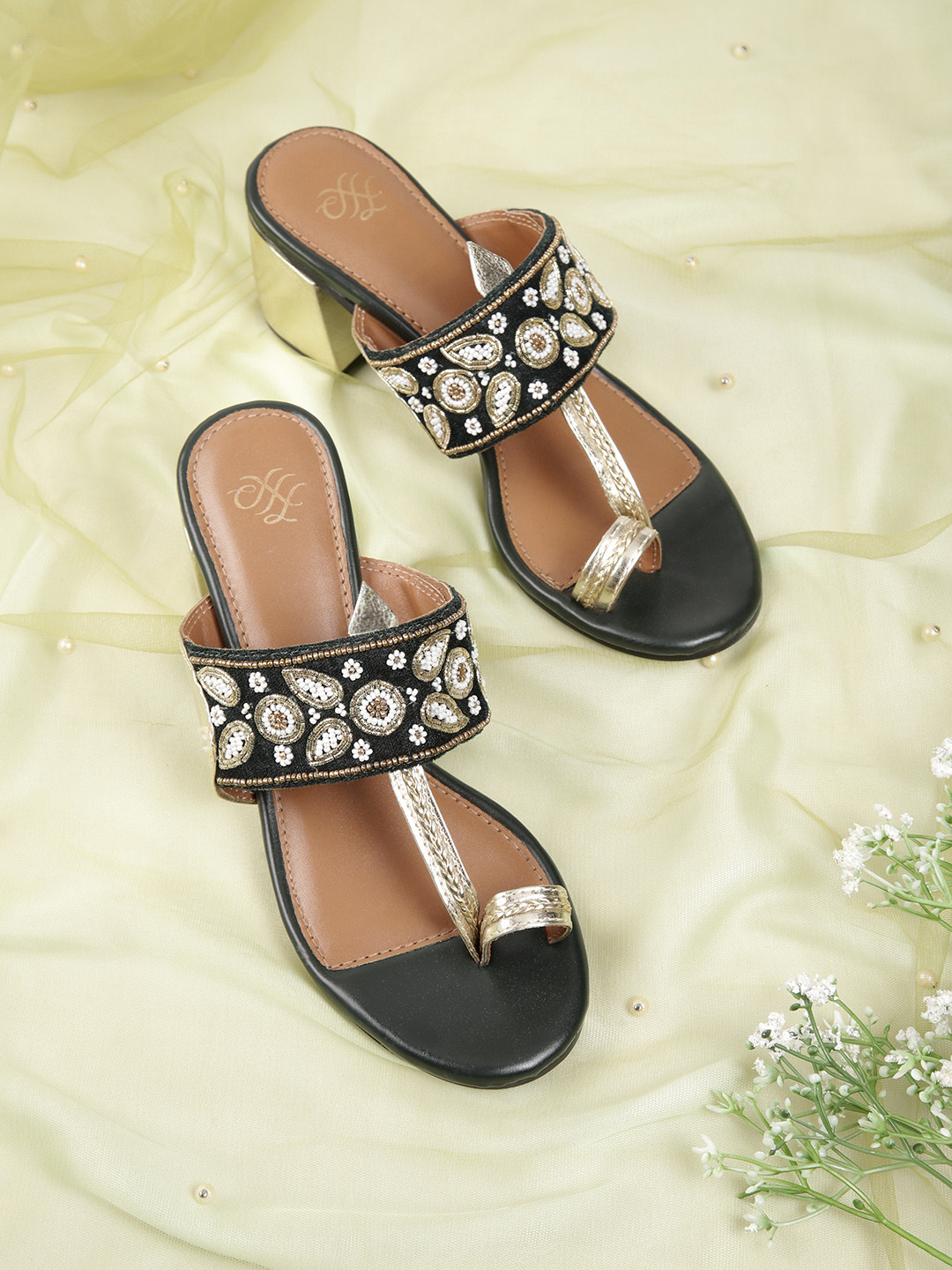 

House of Pataudi Women Green & Gold-Toned Beads Embellished Leather Ethnic Block Heels