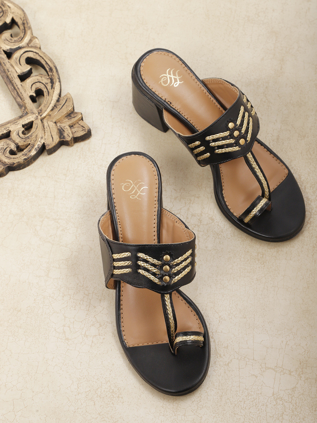 

House of Pataudi Black & Gold-Toned Woven Design Leather Block Sandals