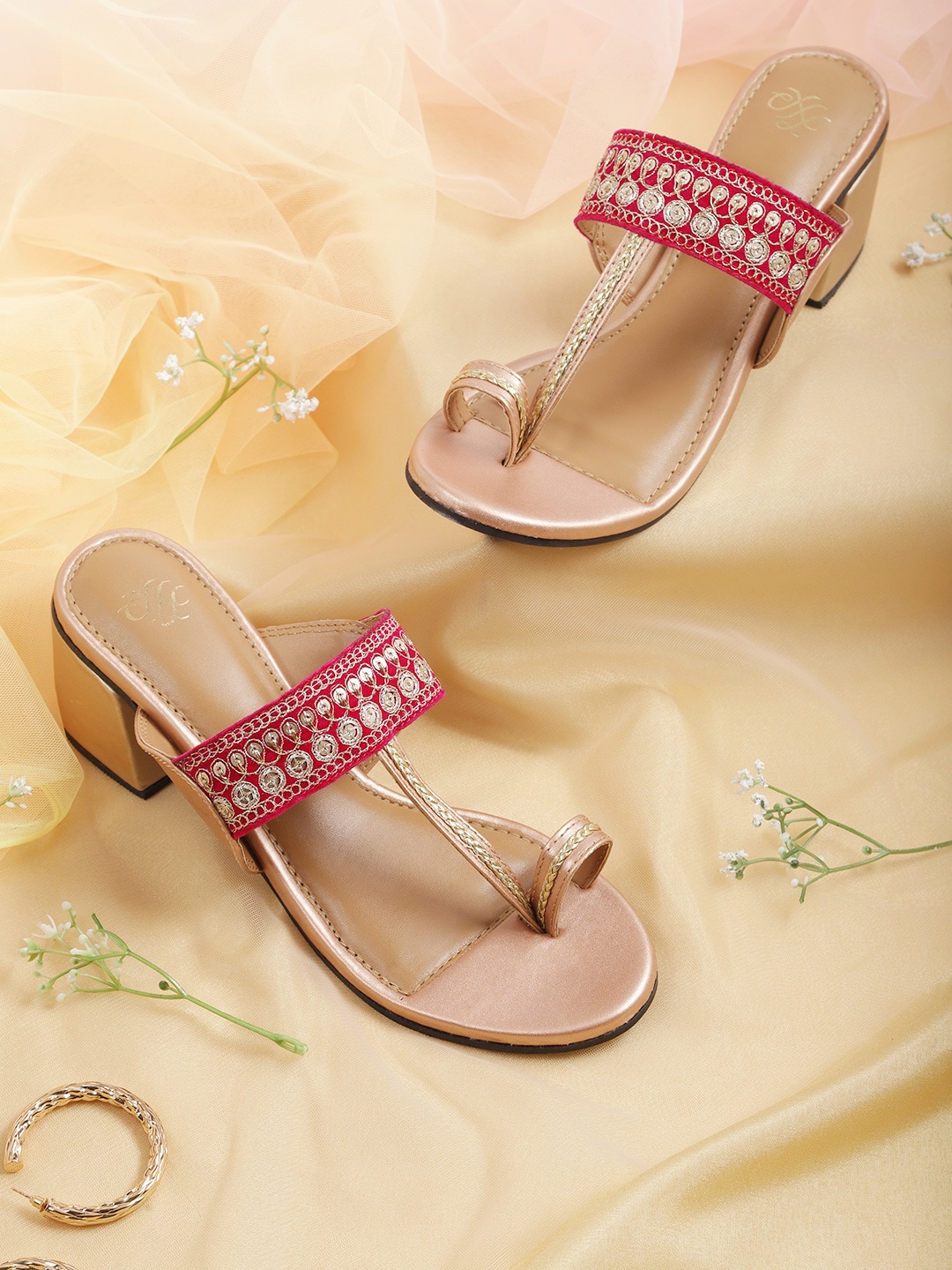 

House of Pataudi Pink & Gold-Toned Sequenced Embellished Leather Block Sandals