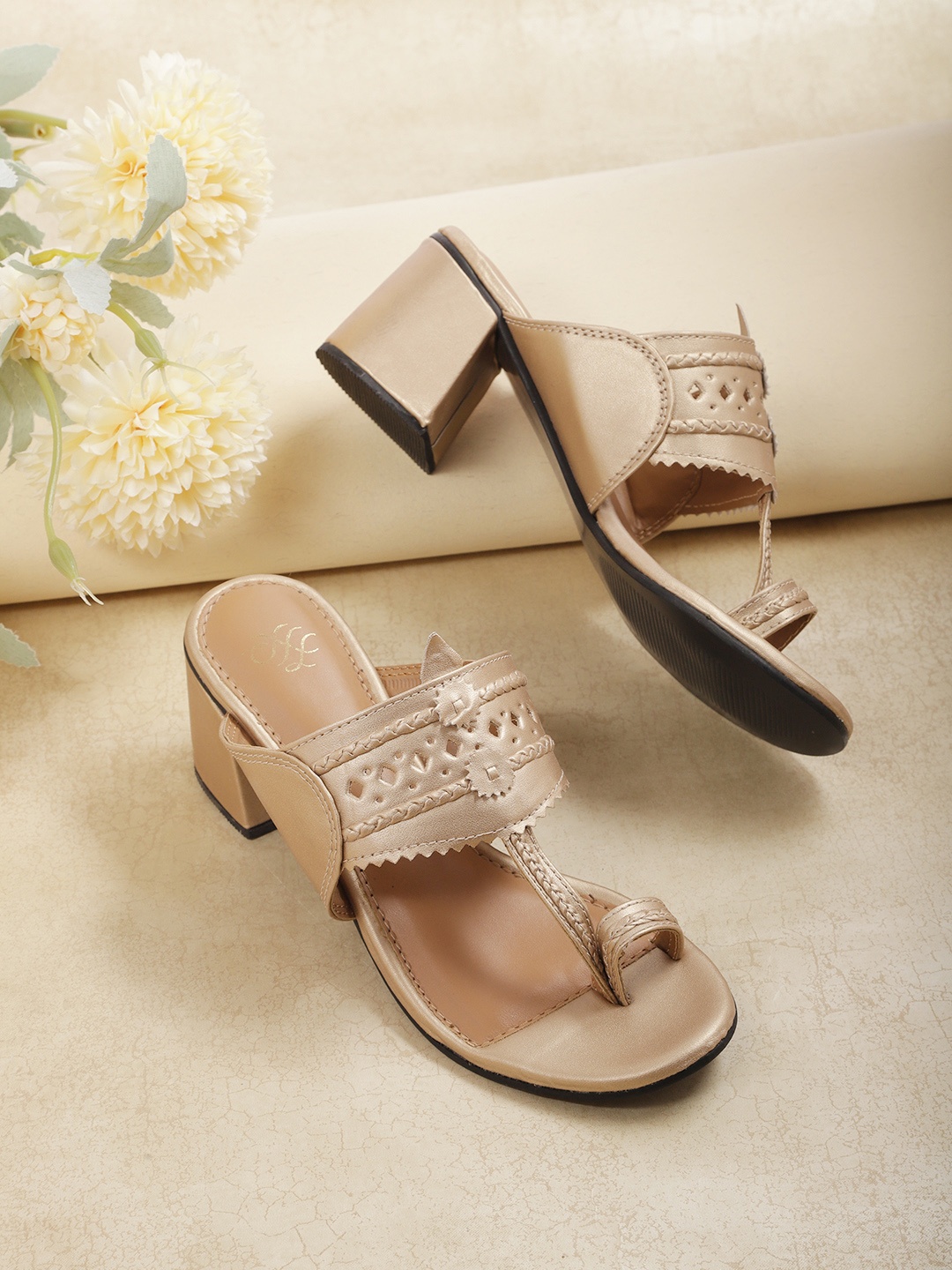 

House of Pataudi Gold-Toned Leather Woven Design Block Sandals