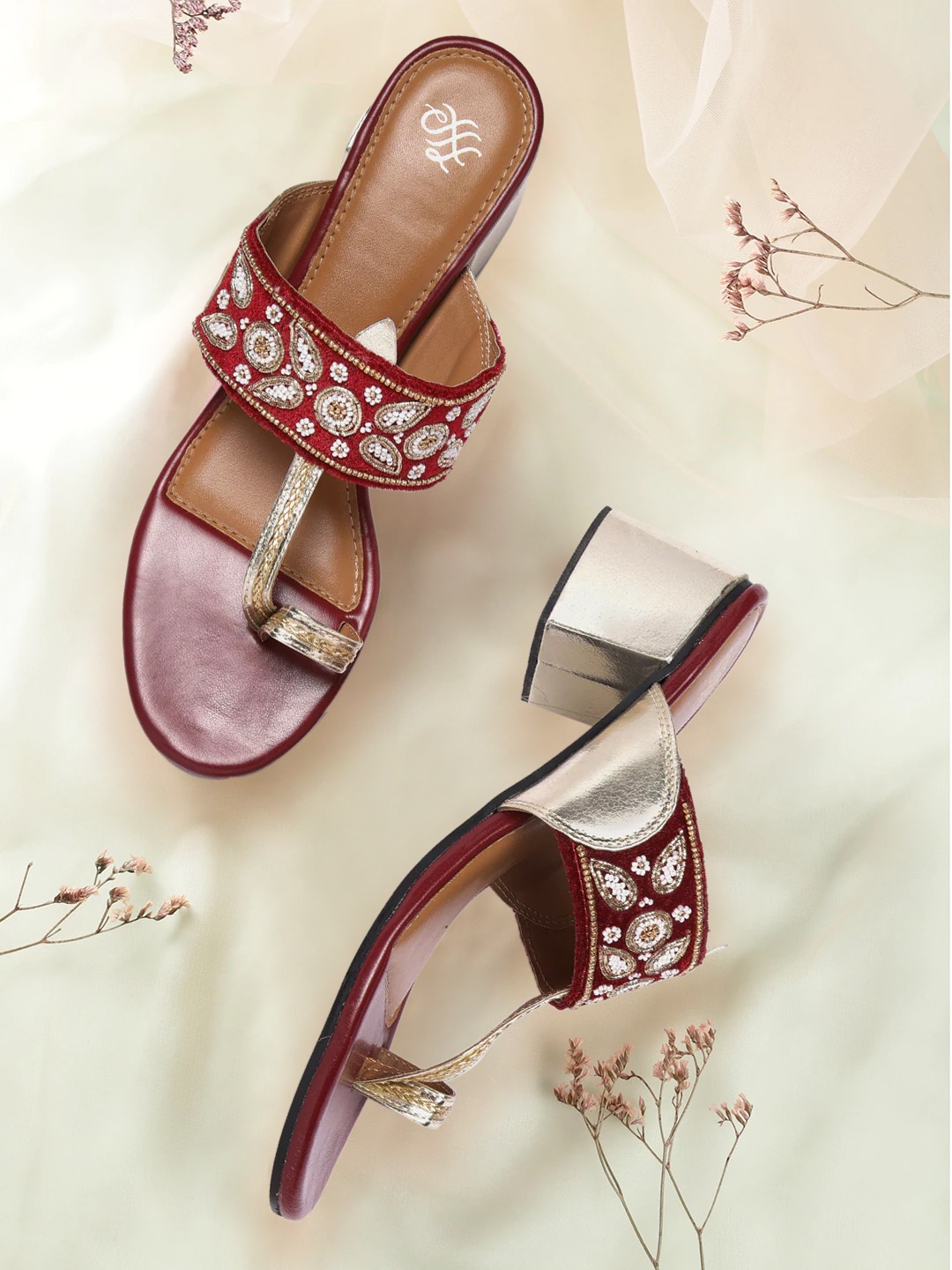 

House of Pataudi Women Maroon & Gold-Toned Beads Embellished Leather Ethnic Block Heels