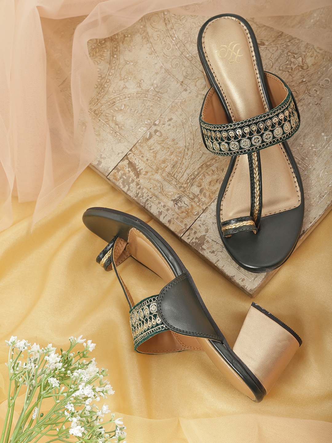 

House of Pataudi Green & Gold-Toned Sequenced Embellished Leather Block Sandals