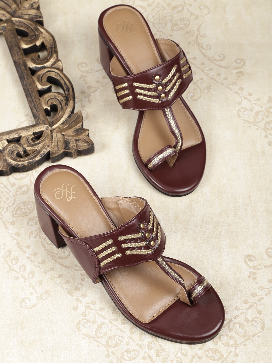 

House of Pataudi Maroon & Gold-Toned Braided Woven Design Handcrafted Block Heels
