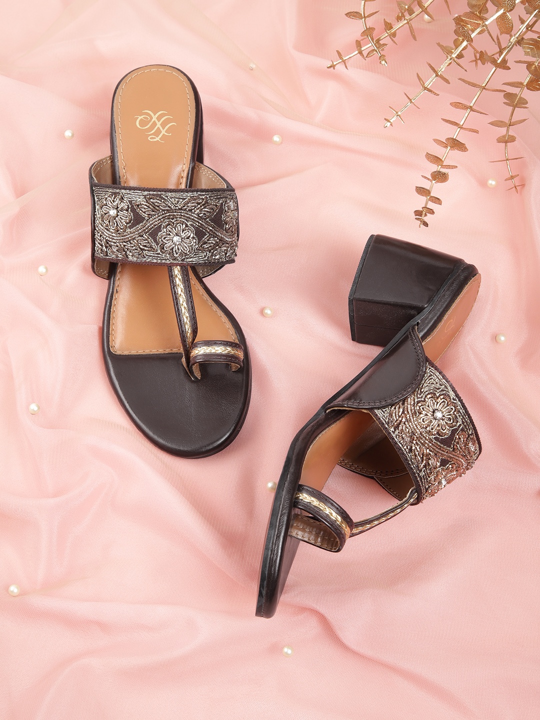 

House of Pataudi Women Brown & Gold-Toned Embellished Leather Ethnic Block Heels
