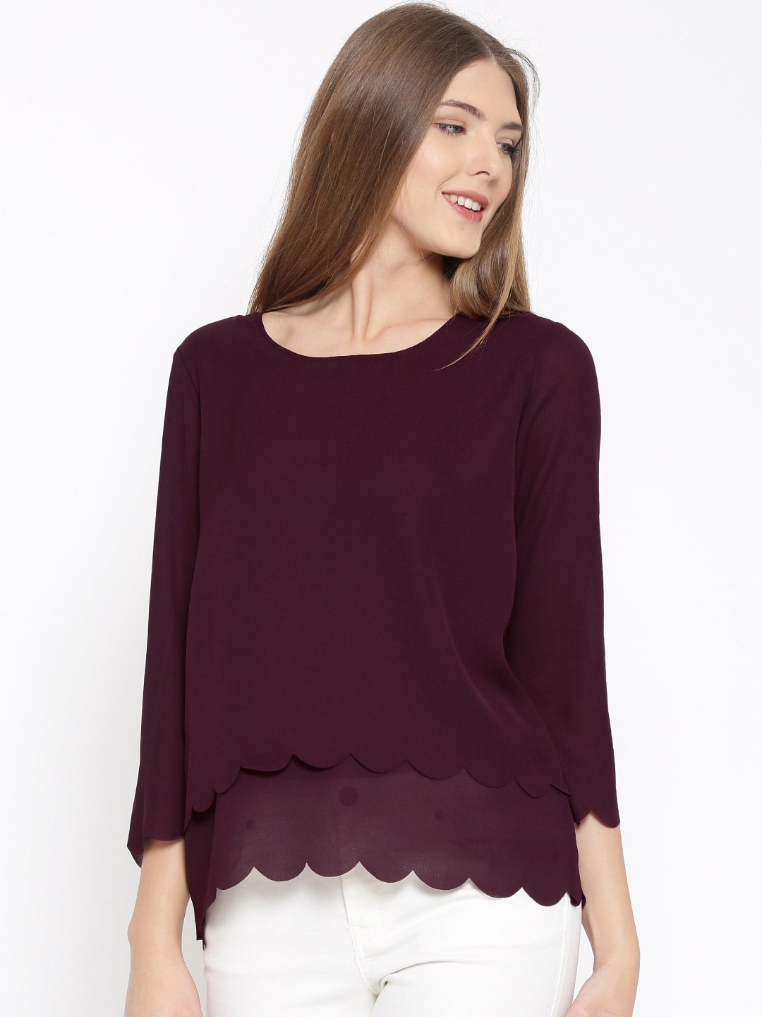 

RARE Women Burgundy Solid Scalloped Hem Layered Top