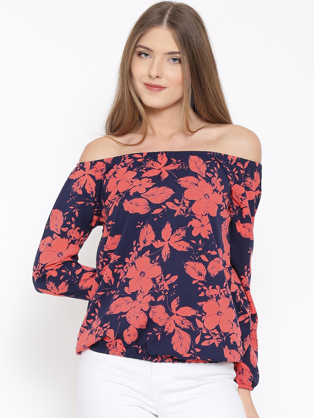 

RARE Women Navy & Coral Pink Printed Crepe Off-Shoulder Top, Navy blue