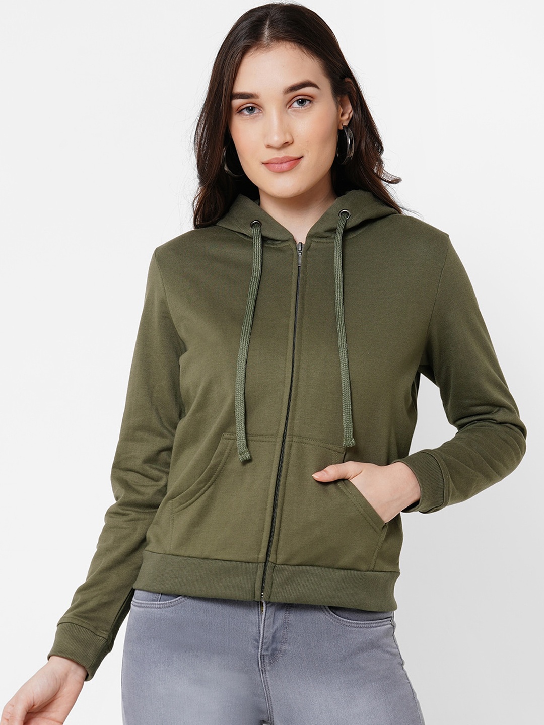 

Kraus Jeans Women Olive Green Hooded Sweatshirt