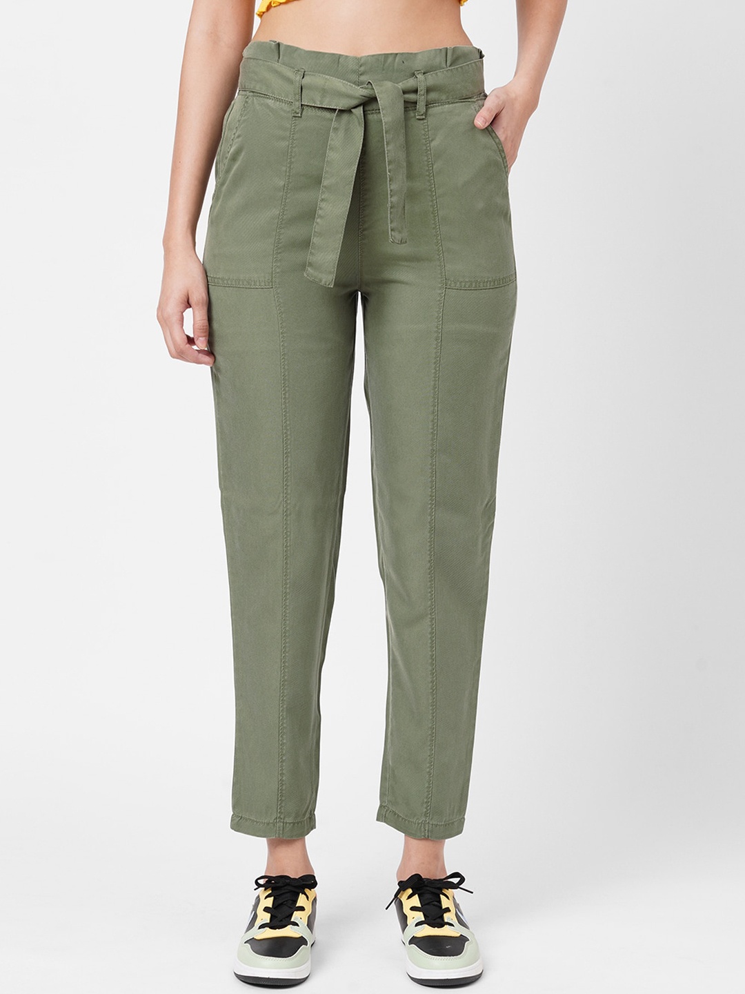 

Kraus Jeans Women Olive Green Loose Fit High-Rise Peg Trousers with Belt