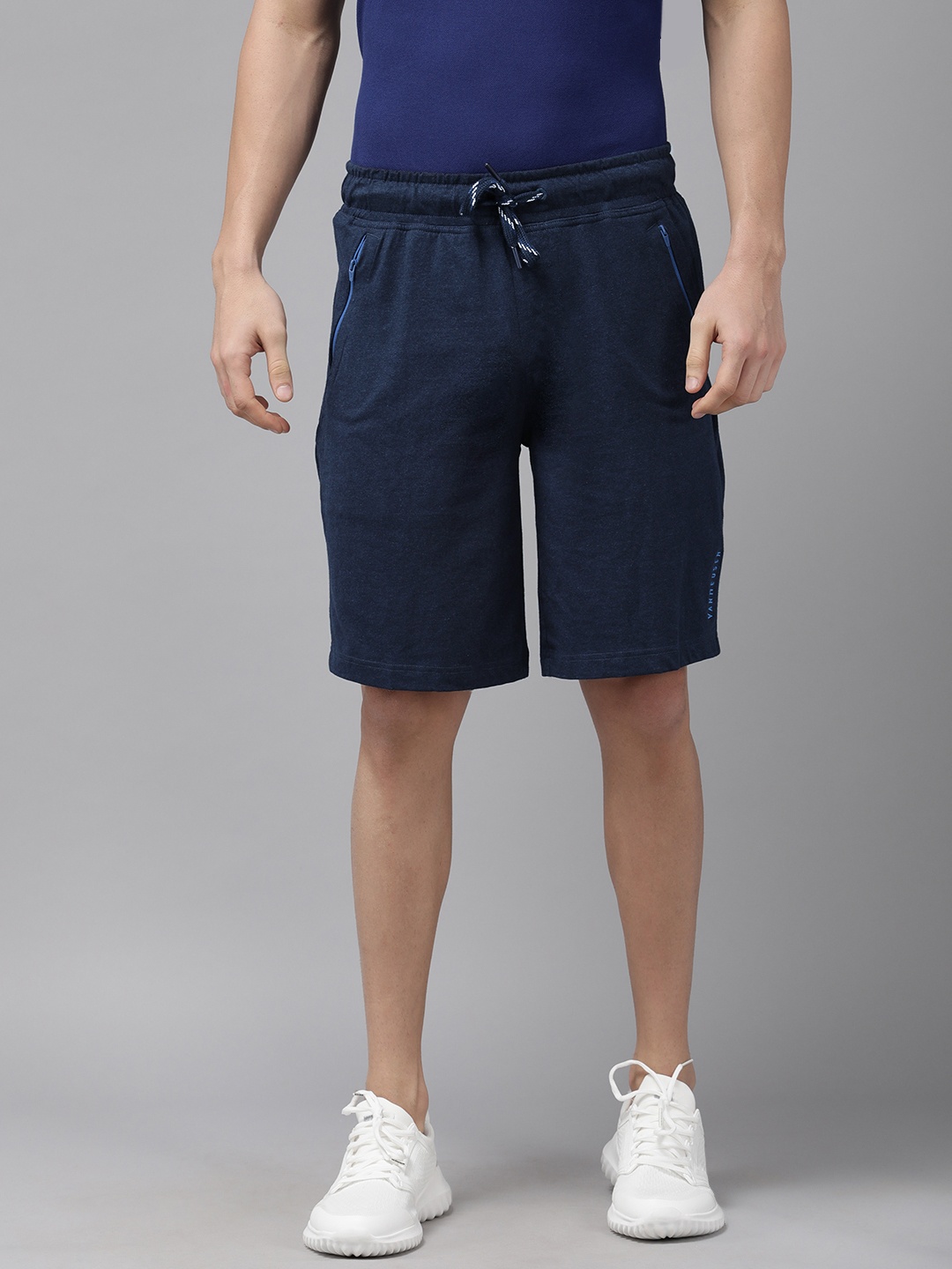 

Van Heusen Athleisure Men Navy Solid Antiviral Zipper Pocket Knit Shorts, Navy blue