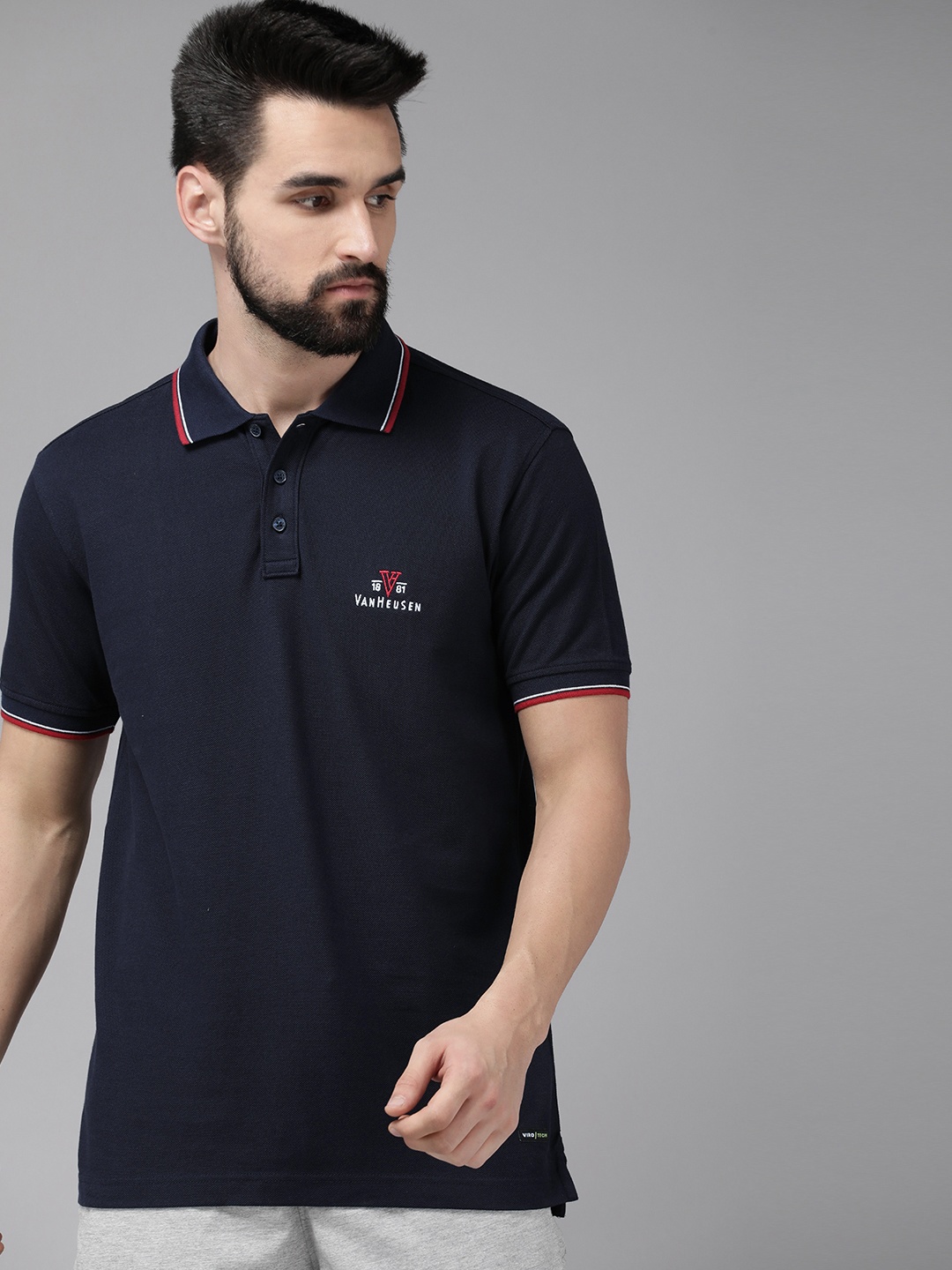 

Van Heusen Athleisure Men Navy Solid Antiviral Ultra Soft Polo T-Shirt, Navy blue