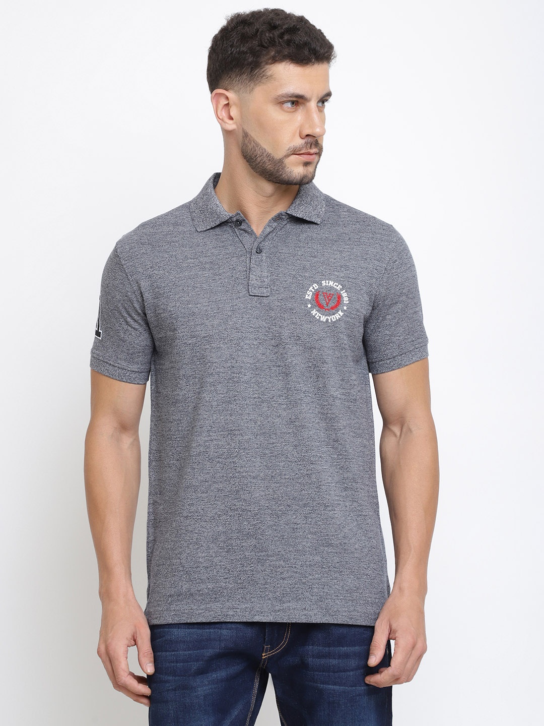 

Van Heusen Men Grey Solid Varsity Inspired Short Sleeve Polo T-Shirt, Grey melange