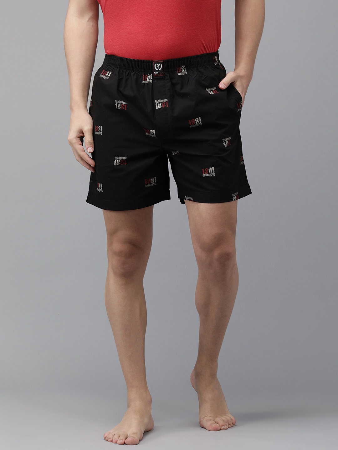 

Van Heusen Men Printed Elasticized Waistband Media Pocket Boxer Shorts, Black