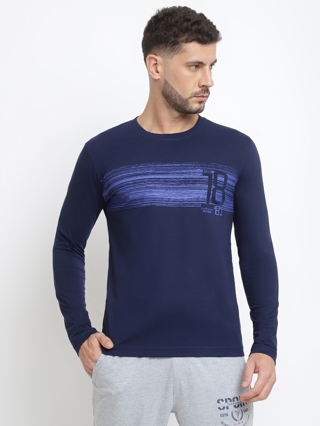 

Van Heusen Athleisure Men Printed Crew Neck Long Sleeve T-Shirt, Navy blue