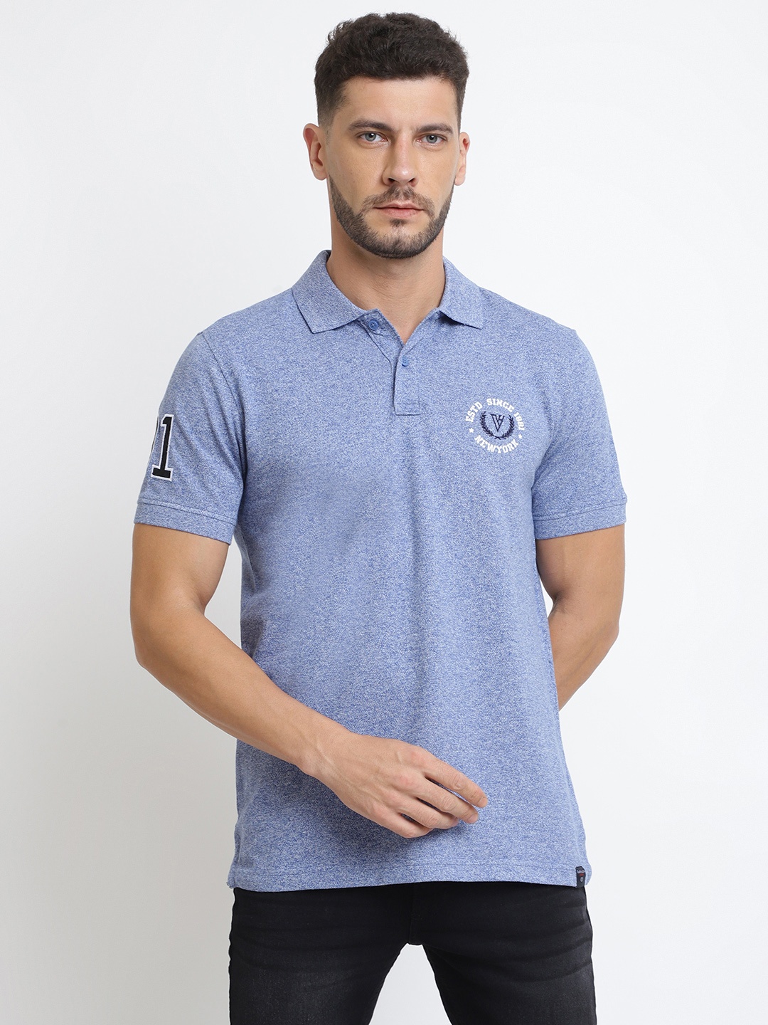 

Van Heusen Men Blue Solid Varsity Inspired Short Sleeve Polo T-Shirt