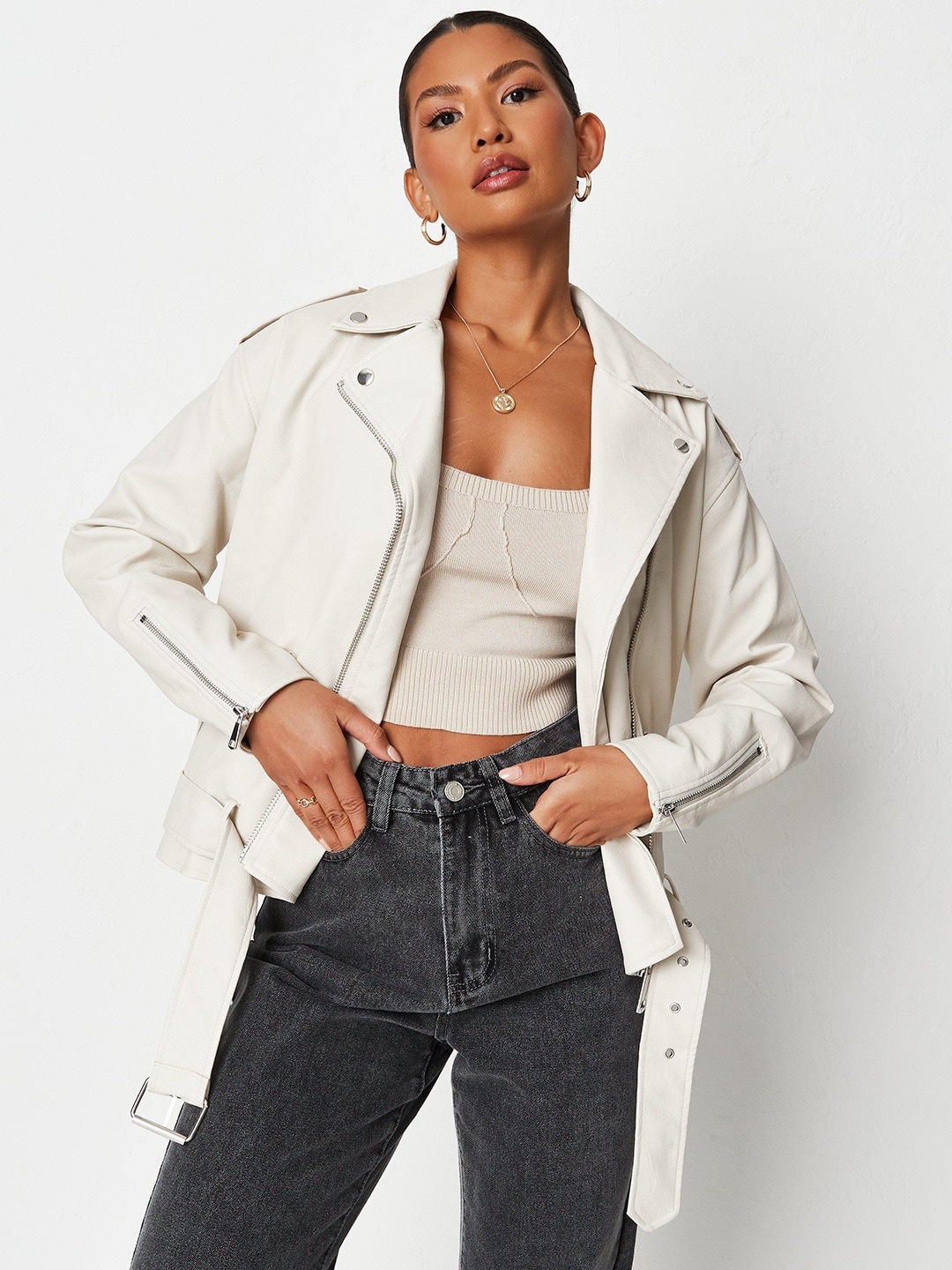 

Missguided Women Off White Solid Biker Jacket with Belt