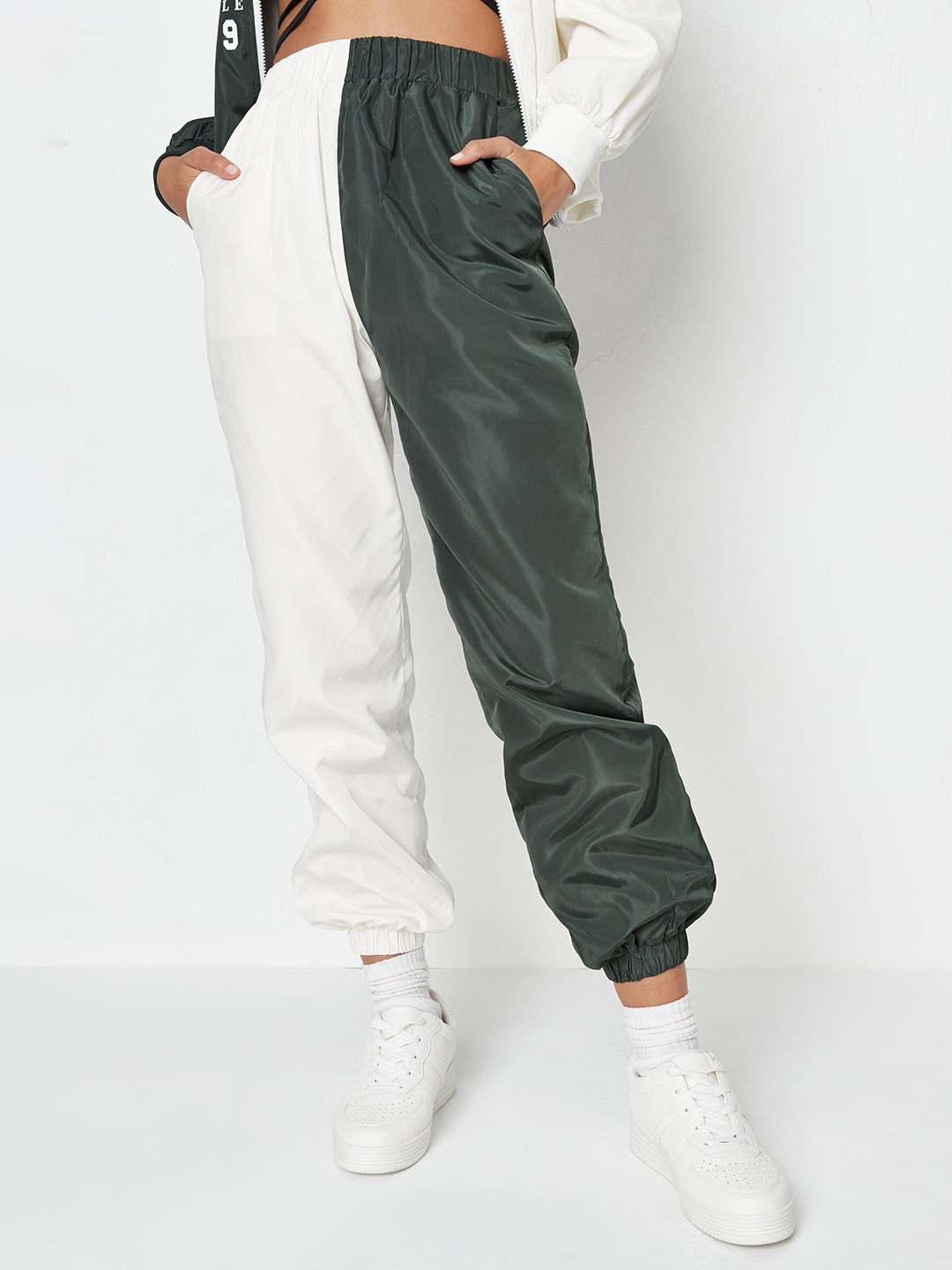 

Missguided Women White & Olive Green Colourblocked Joggers