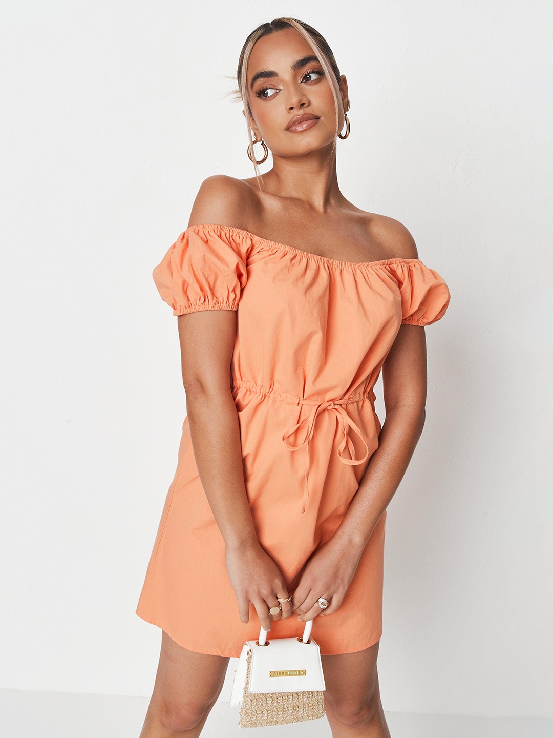 

Missguided Peach-Coloured Pure Cotton Solid Off-Shoulder Mini Sheath Dress