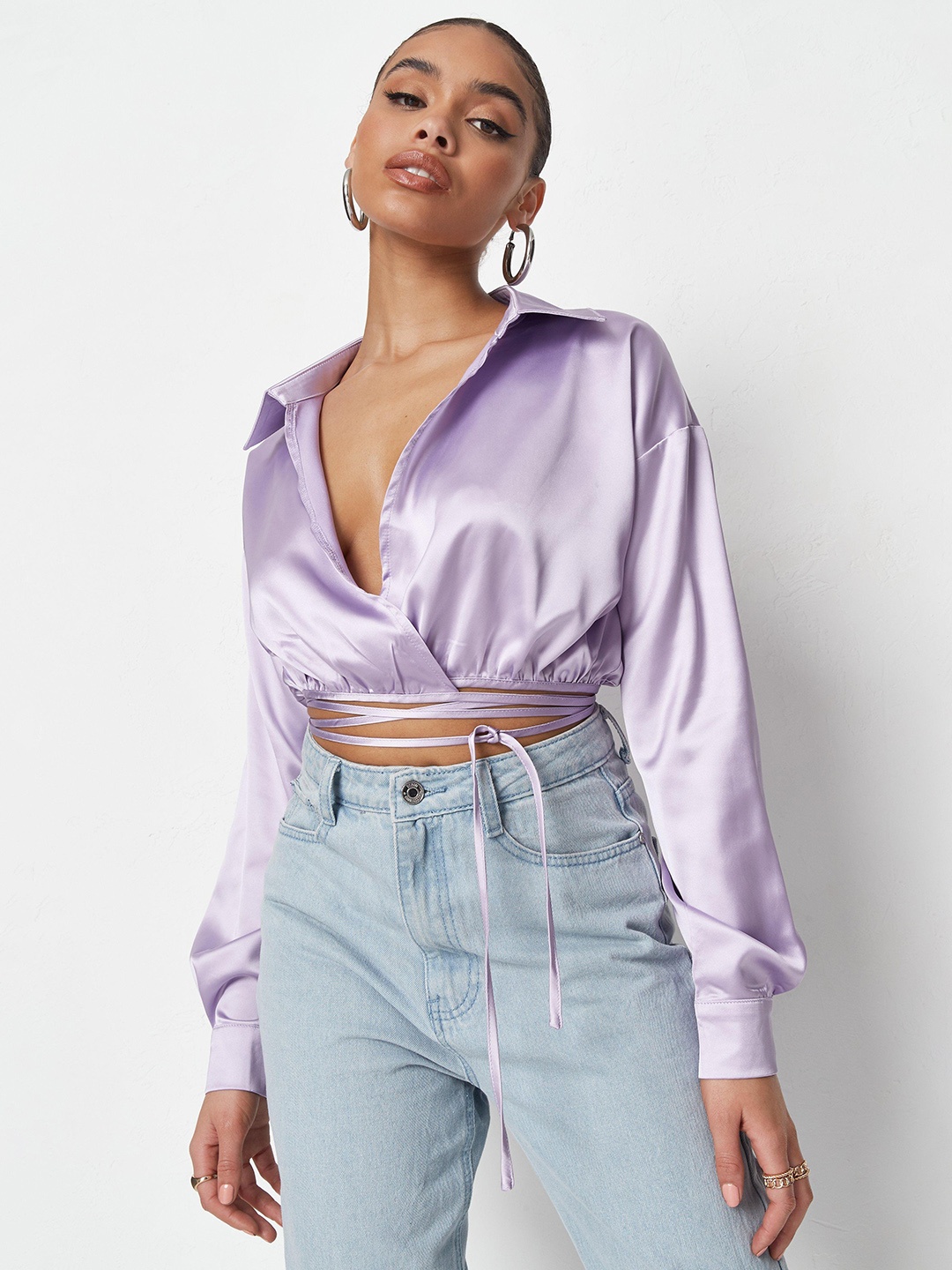 

Missguided Lavender Solid Satin Finish Crop Shirt Style Top
