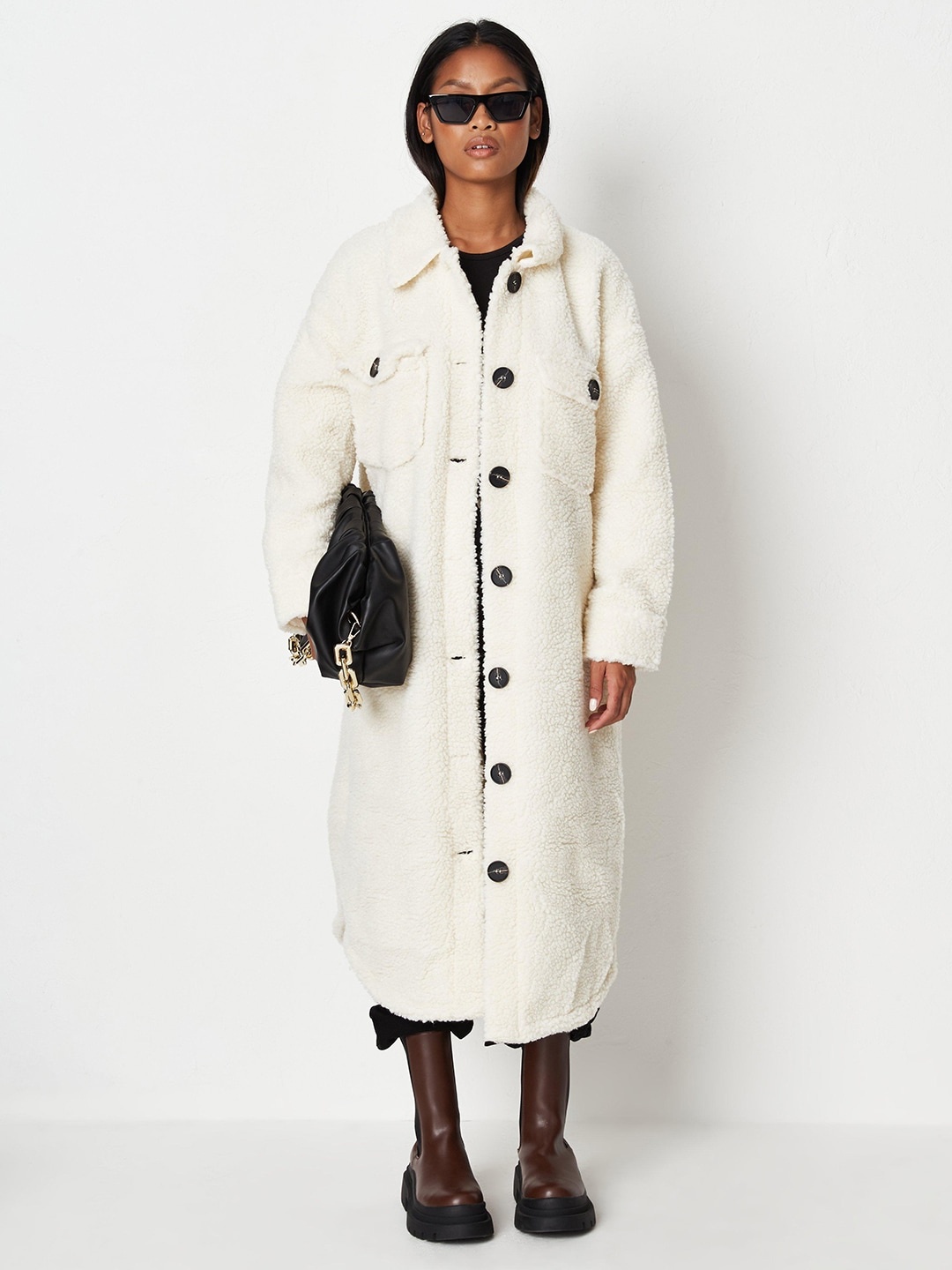 

Missguided Women Off-White Solid Longline Sherpa Overcoat