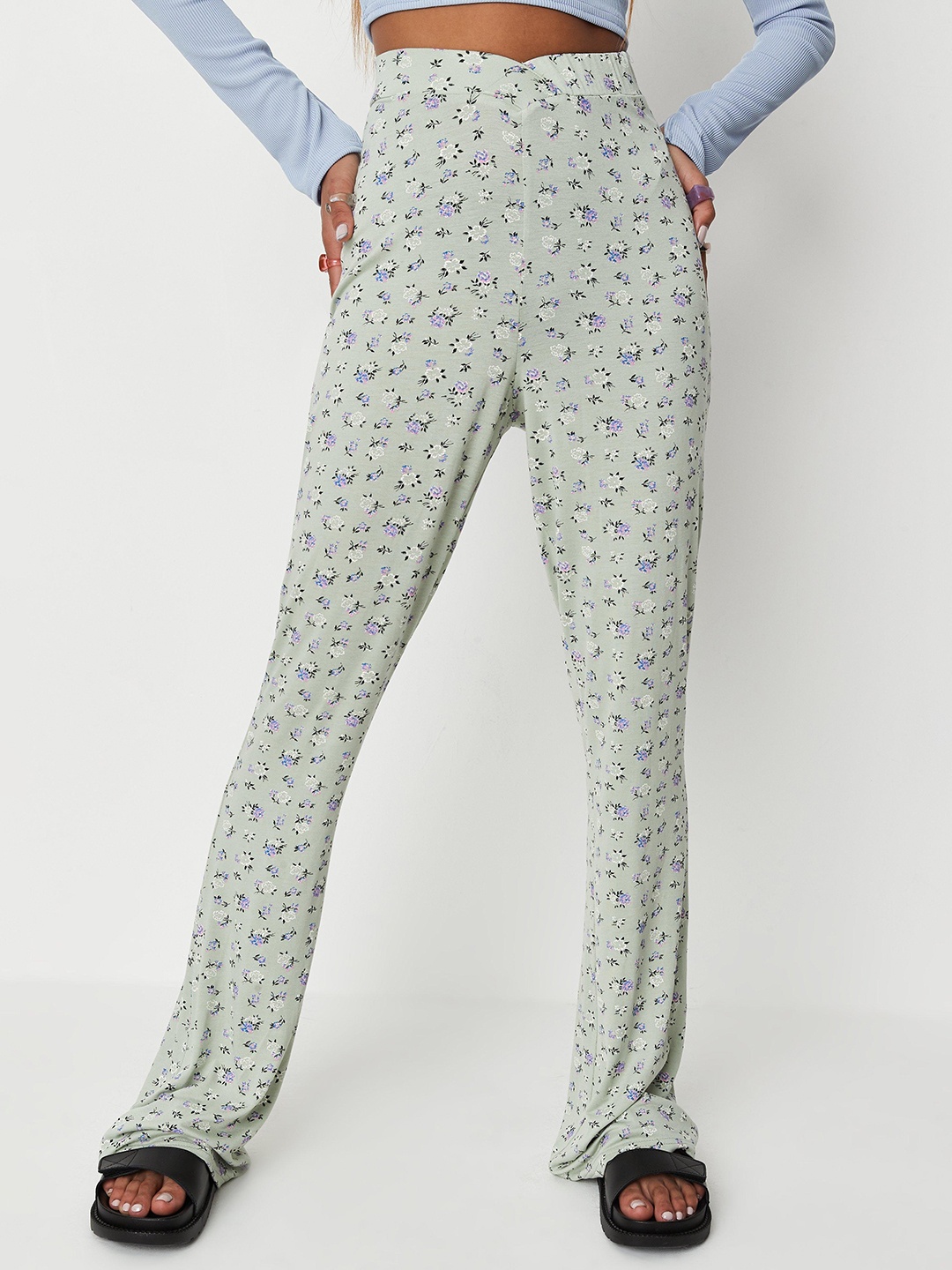 

Missguided Women Sage Green Ditsy Floral Printed High-Rise Parallel Trousers