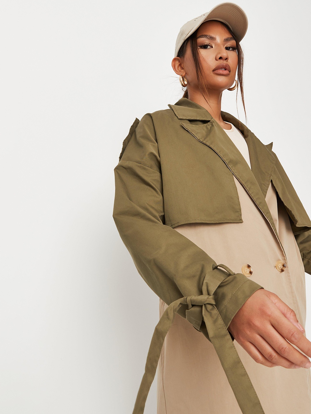 

Missguided Women Beige & Olive Green Colourblocked Longline Trench Coat