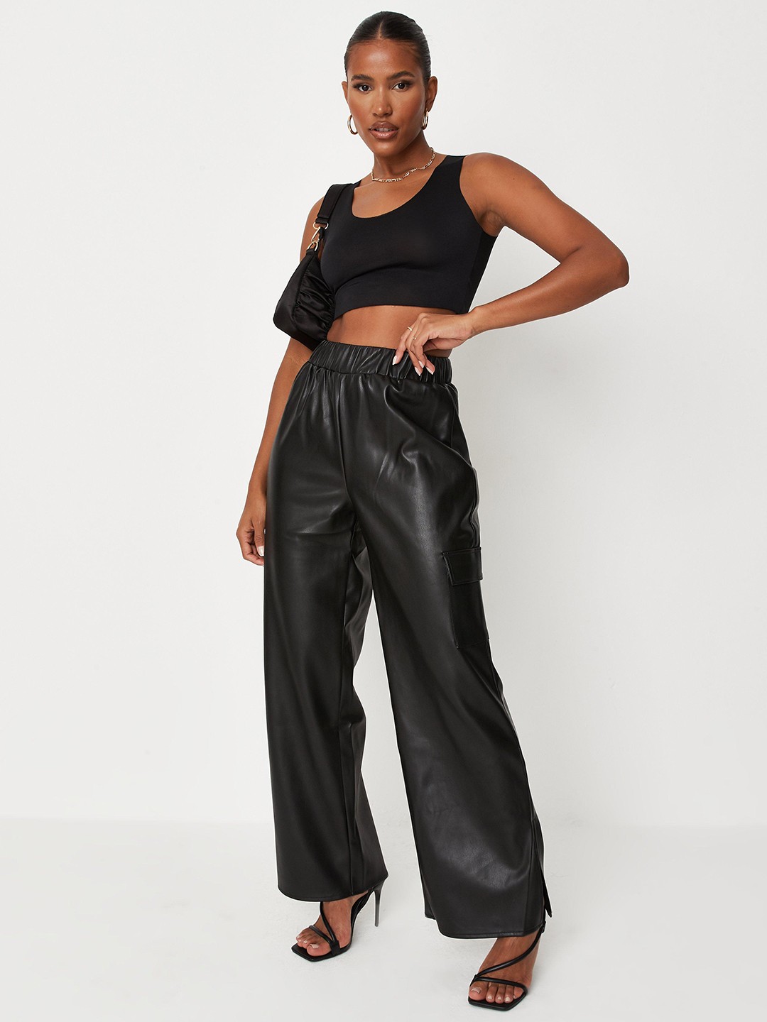 

Missguided Women Black Solid PU Parallel Trousers