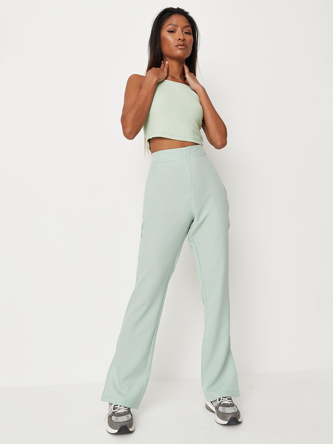 

Missguided Women Mint Green Regular Fit Solid Split Hem Trousers
