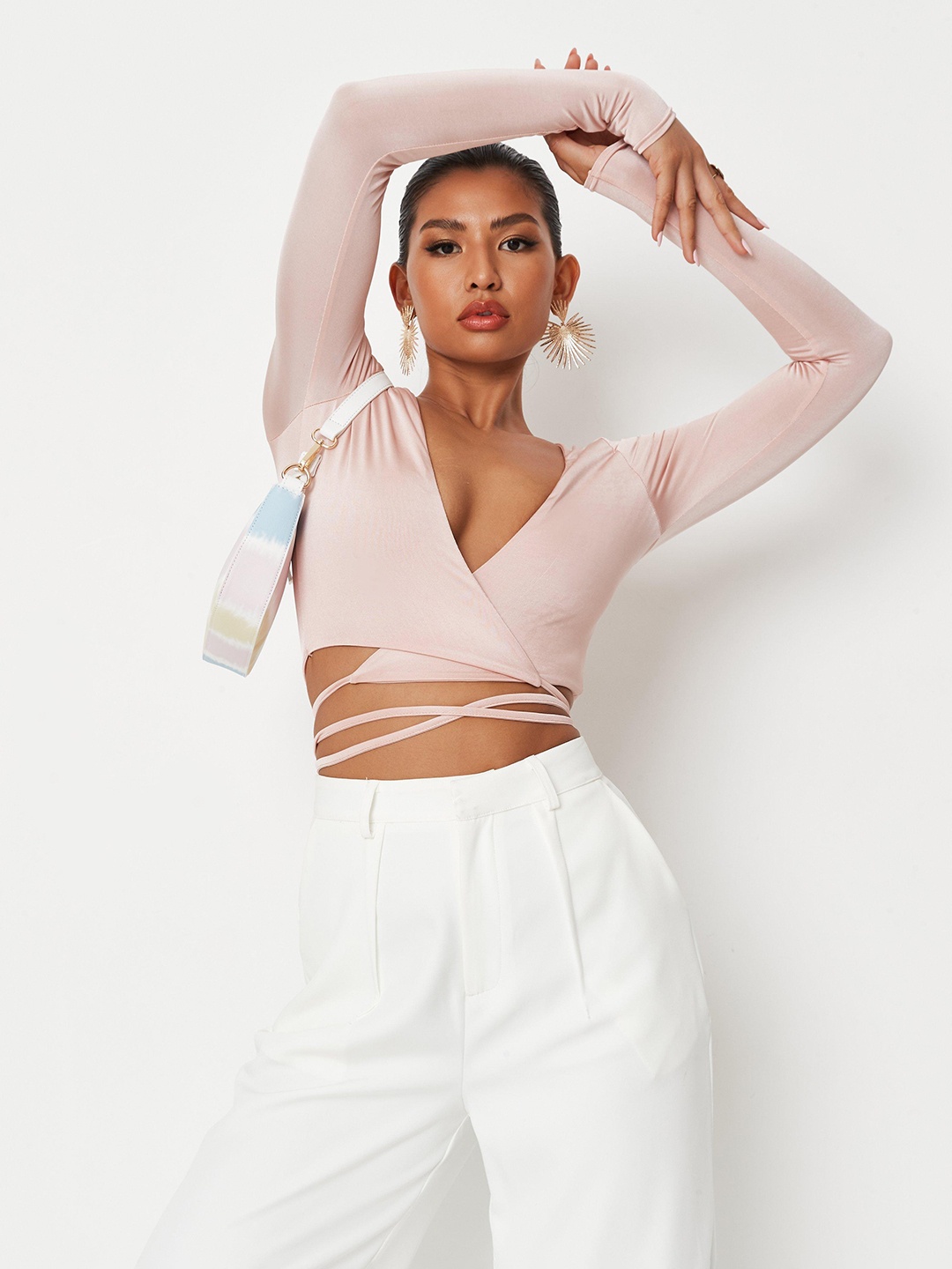 

Missguided Pink Petite Fit Solid Tie-Up Crop Wrap Top