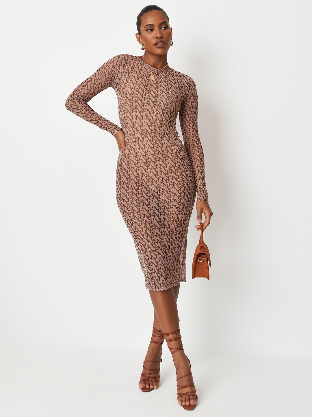

Missguided Beige & Brown Brand Logo Print Semi-Sheer Midi Bodycon Dress