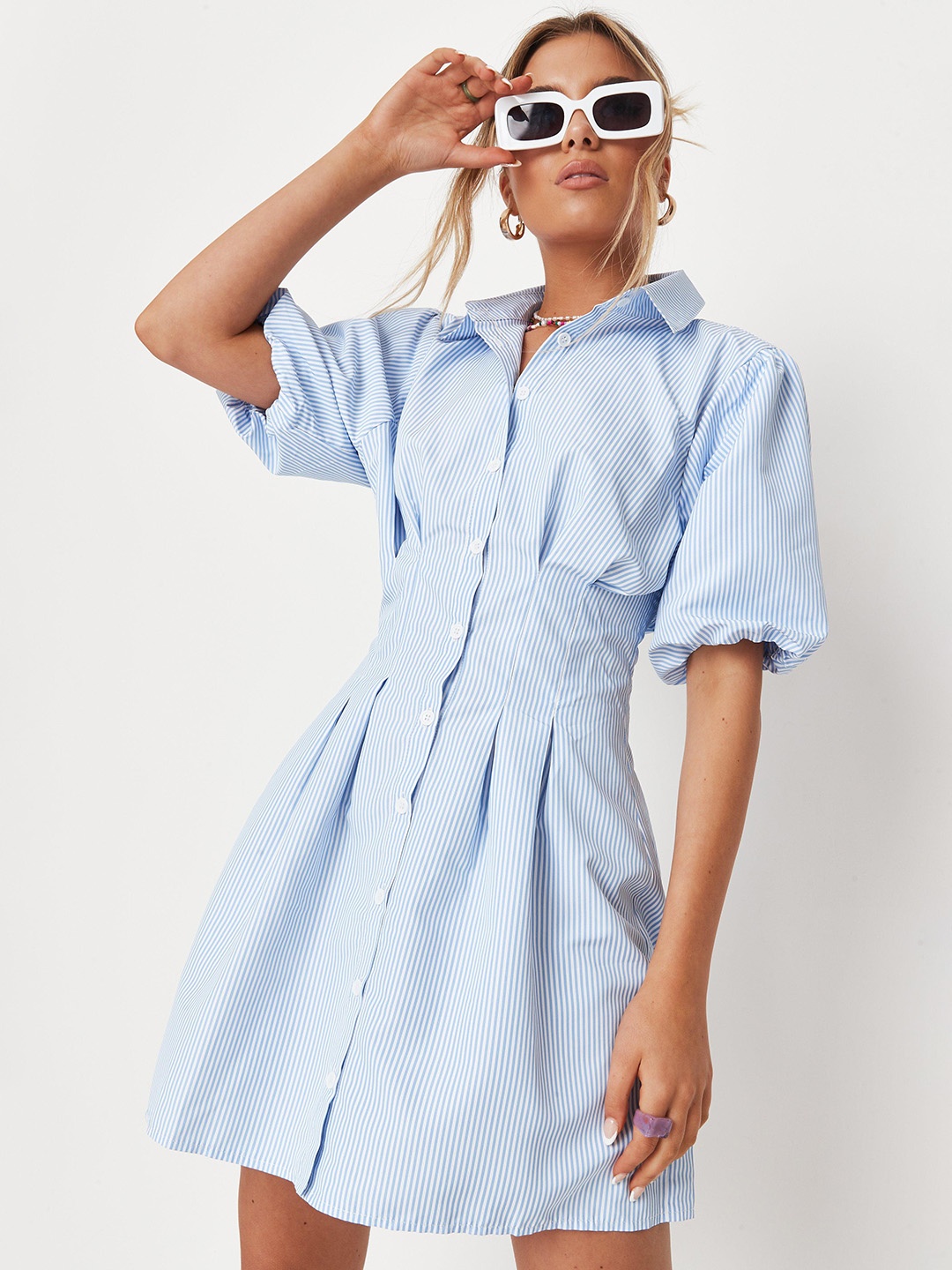 

Missguided Blue & White Pinstriped Pleated Puff Sleeves Shirt Dress